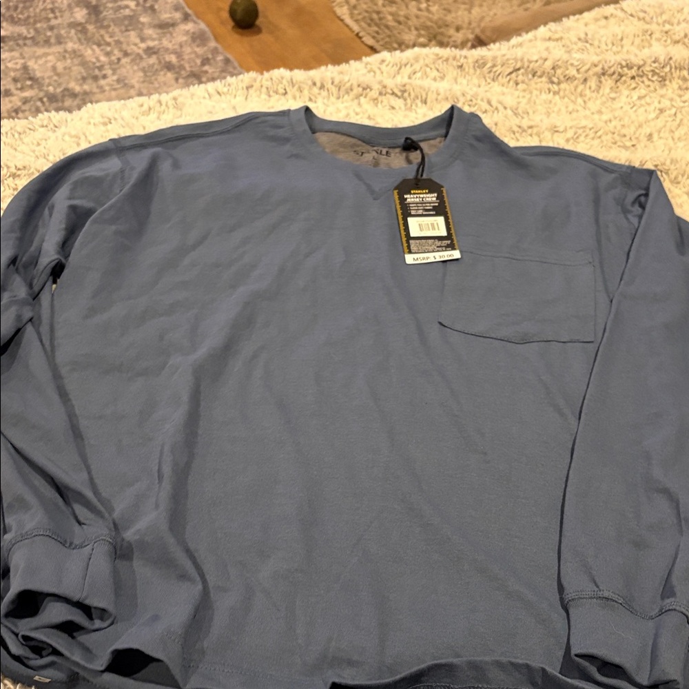 Stanley Heavyweight Jersey Crew Mens L Blue Stone NWT Long Sleeve‎ Pocket Tee